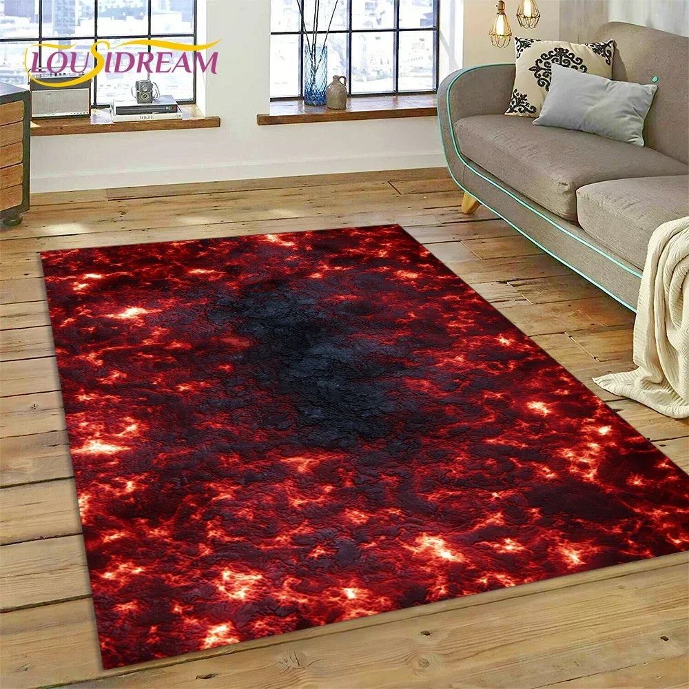 3D Volcano Rug for Kids Room - Lava Magma Themed Play Mat, Non-Slip Large Area Carpet