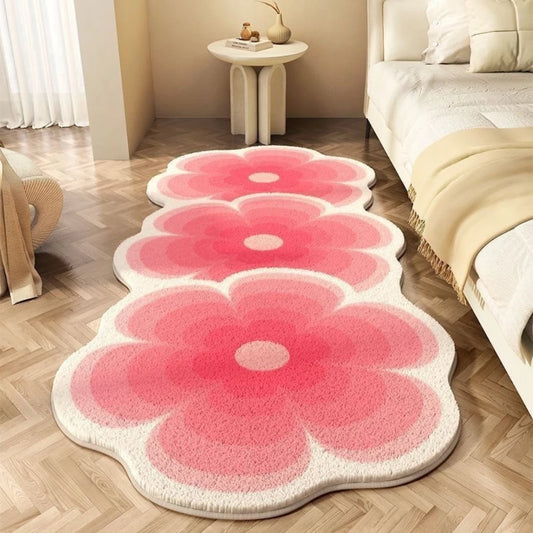 Floral Striped Bedroom Rug - Soft Flannel Carpet for Bedside & Bay Window