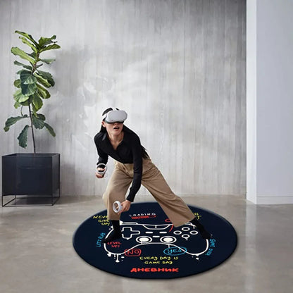 Round VR Game Theme Rug - Loop Pile, Washable & Stain-Resistant Gaming Carpet