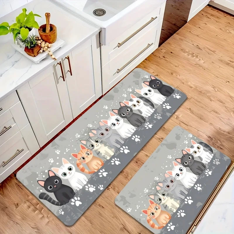 Cute Kitten Kitchen Mat - Absorbent & Non-Slip Floor Pad with Paw Print Design