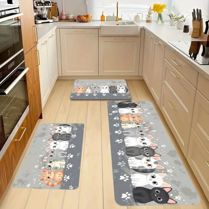 Cute Kitten Kitchen Mat - Absorbent & Non-Slip Floor Pad with Paw Print Design