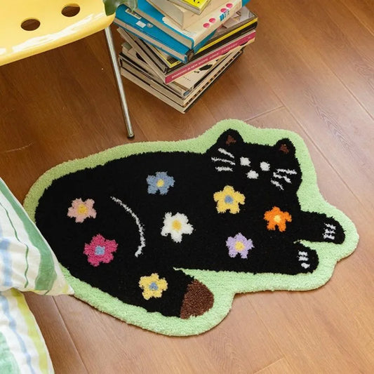 Cute Cat Floor Mat, Soft Furry Bedside Rug, Plush Kids Room Carpet, Non-Slip Nursery Mat, Cat Themed Bedroom Decor