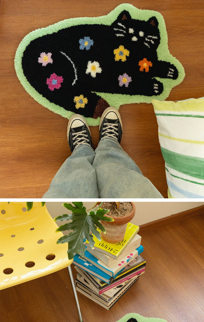 Cute Cat Floor Mat, Soft Furry Bedside Rug, Plush Kids Room Carpet, Non-Slip Nursery Mat, Cat Themed Bedroom Decor