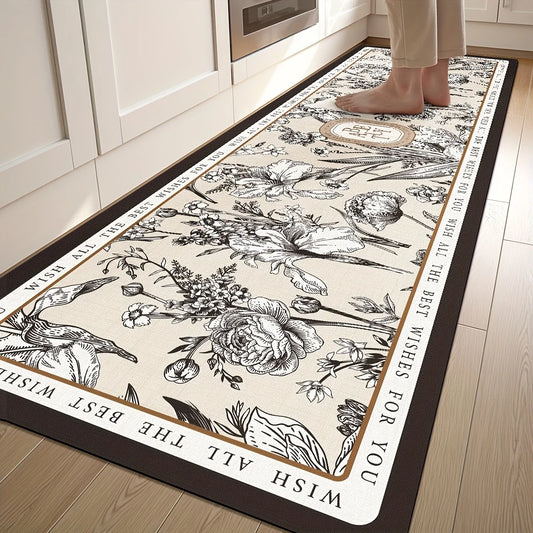 Vintage Floral Kitchen Mat, Non-Slip Washable Runner Rug, Polyester Absorbent Bathroom Floor Mat, Retro Home Decor