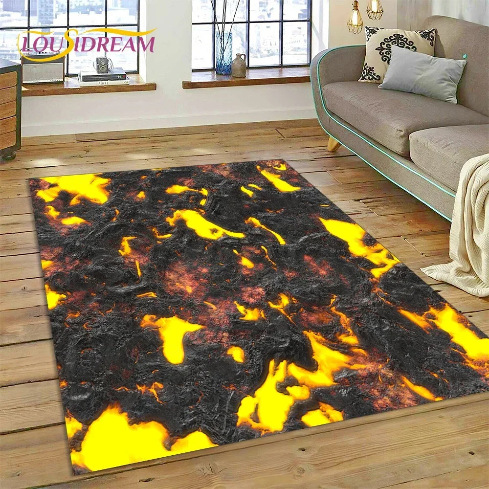 3D Volcano Rug for Kids Room - Lava Magma Themed Play Mat, Non-Slip Large Area Carpet