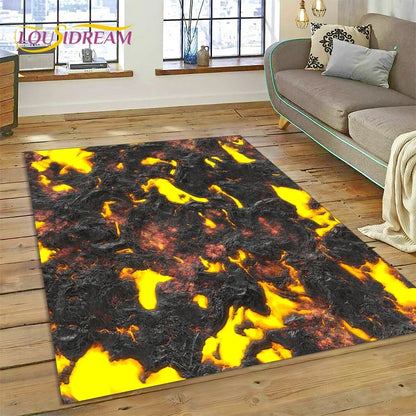 3D Volcano Rug for Kids Room - Lava Magma Themed Play Mat, Non-Slip Large Area Carpet