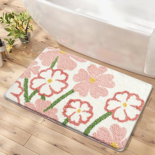 Small Floral Bath Mat - Plush Faux Cashmere, Absorbent & Non-Slip Rug
