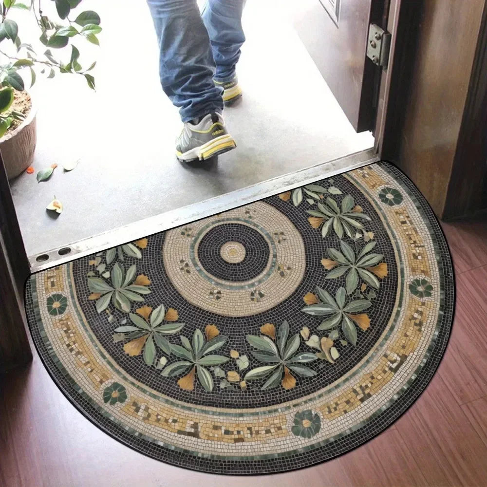 Boho Floral Half-Moon Doormat - Non-Slip & Washable for Indoor/Outdoor Entry