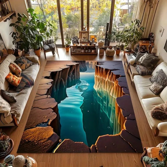 3D Illusion Area Rug - Large Huge Living Room Carpet with Cracked Floor & Tunnel Design