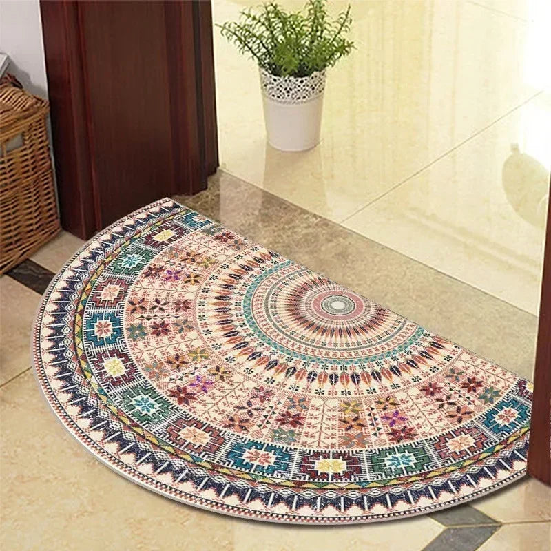 European Retro Half-Moon Doormat - Semi-Circular Entrance Rug for Living Room