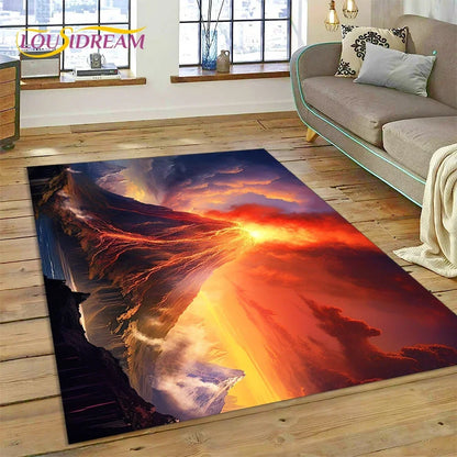 3D Volcano Rug for Kids Room - Lava Magma Themed Play Mat, Non-Slip Large Area Carpet