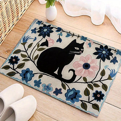 Black Cat Floral Floor Mat - Cute Pet Themed Rug for Bedroom & Children's Room