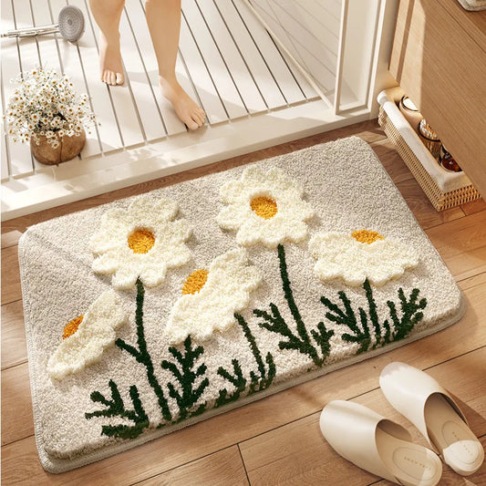 Floral Faux Cashmere Bath Mat - Ultra Absorbent, Quick-Dry & Non-Slip Bathroom Rug