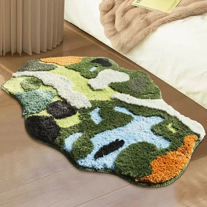 Nordic 3D Moss Rug, Artificial Lawn Carpet for Bedroom, Green Forest Irregular Floor Mat, Chic Living Room Decor, Modern Bedside Area Rug