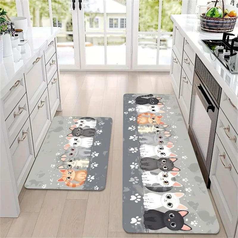 Cute Kitten Kitchen Mat - Absorbent & Non-Slip Floor Pad with Paw Print Design