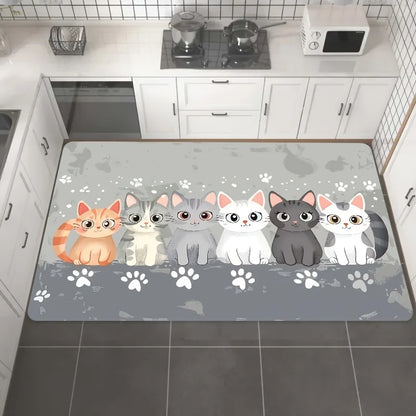 Cute Kitten Kitchen Mat - Absorbent & Non-Slip Floor Pad with Paw Print Design