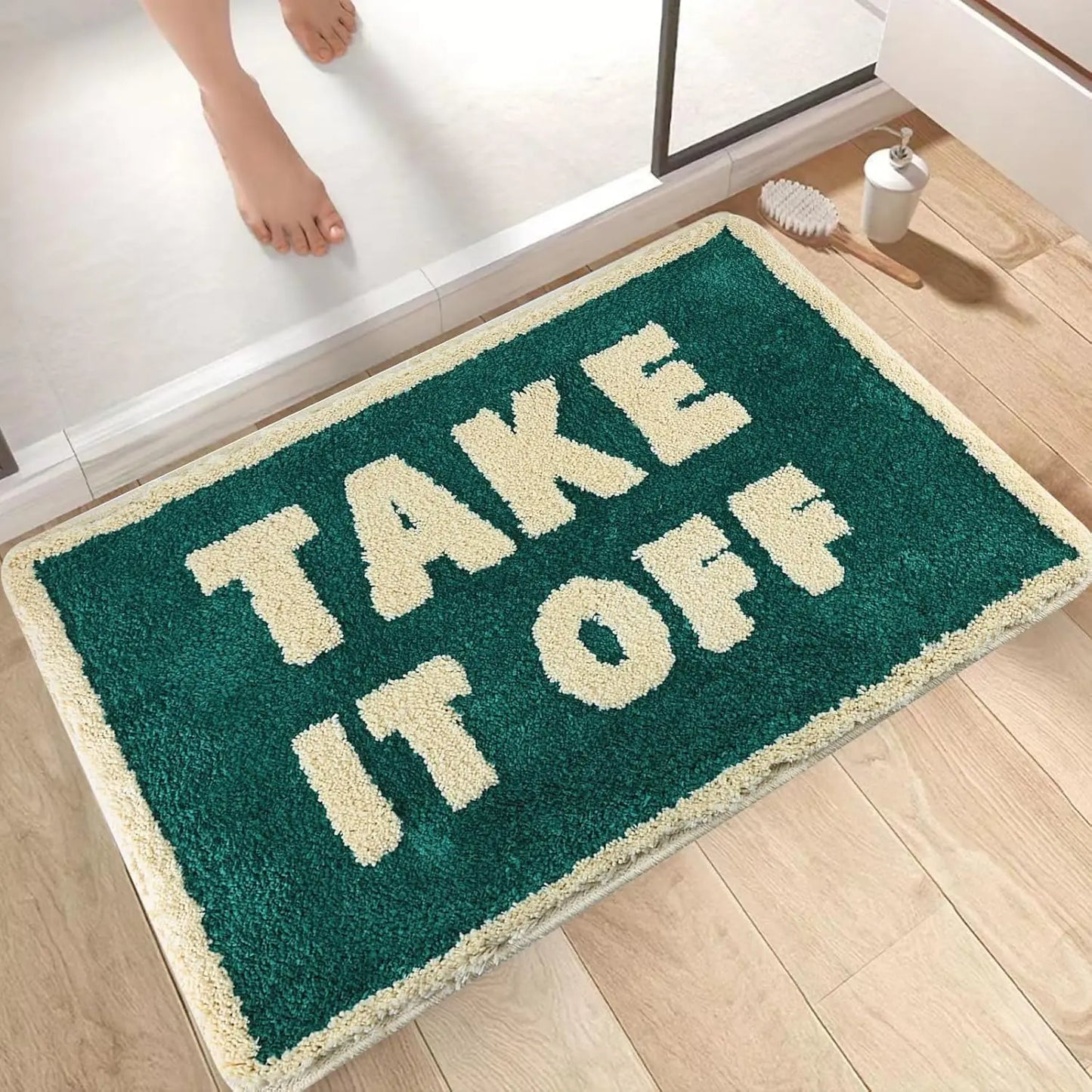 "Take It Off" Funny Bath Mat - Green Cute & Machine Washable Shower Rug