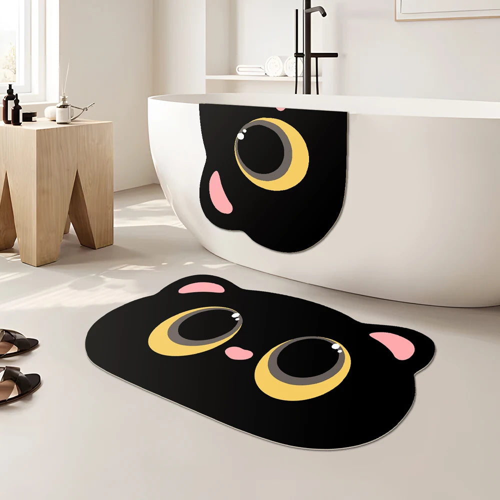 Cat Shaped Bath Mat, Diatomaceous Earth Quick Dry Mat, Funny Cat Lovers Gift, Absorbent Non-Slip Bathroom Rug, Black Cat Decor