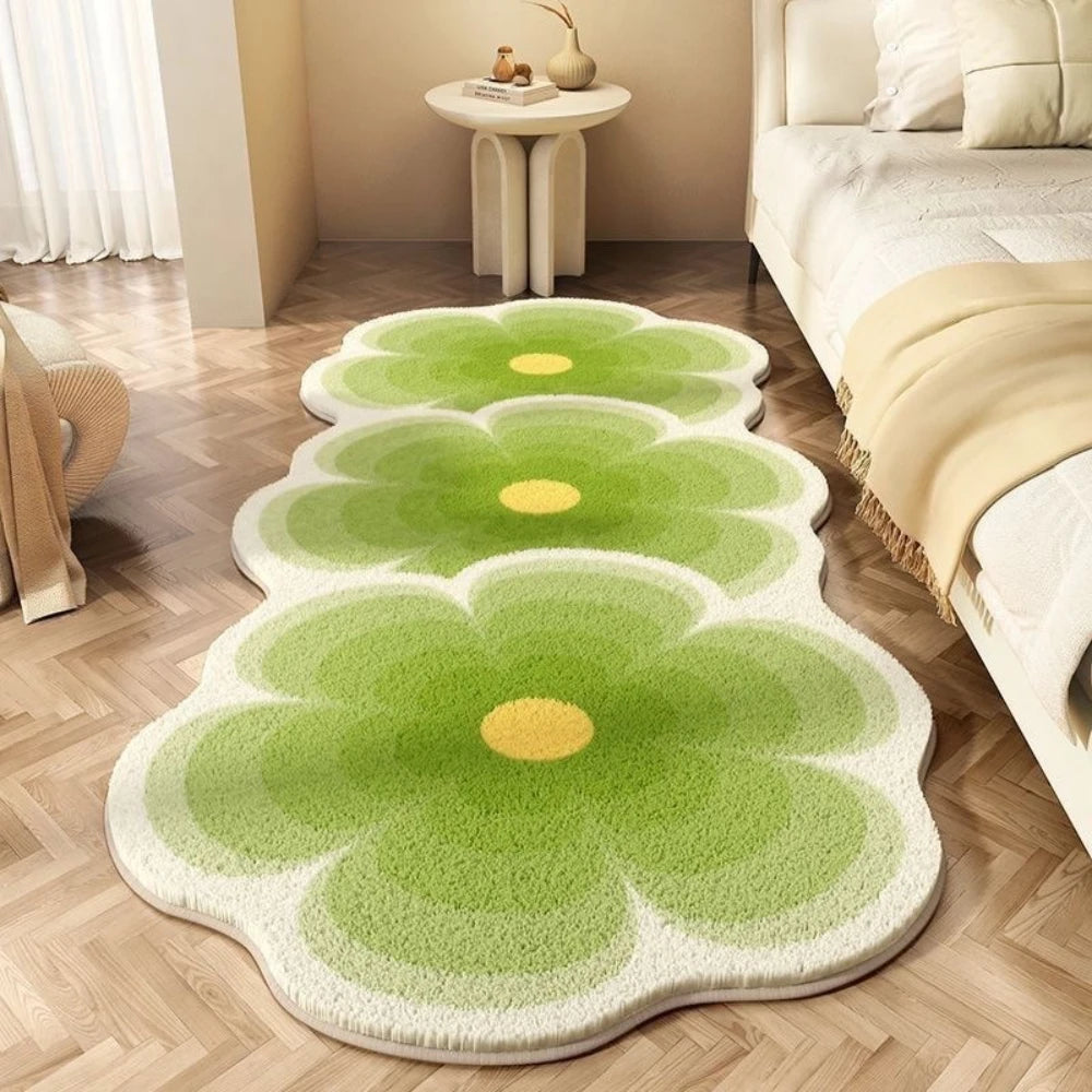 Floral Striped Bedroom Rug - Soft Flannel Carpet for Bedside & Bay Window