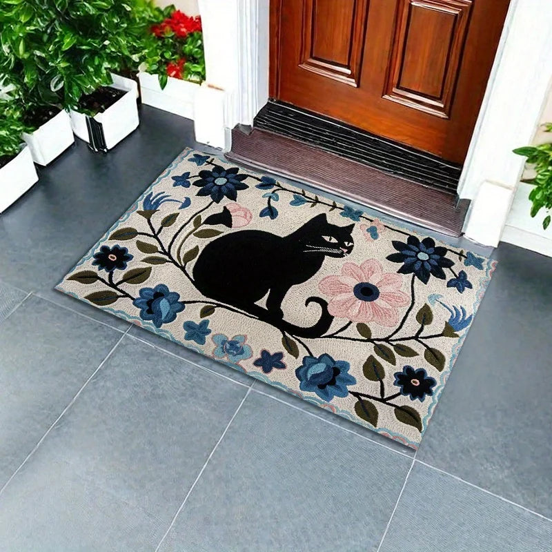Black Cat Floral Floor Mat - Cute Pet Themed Rug for Bedroom & Children's Room