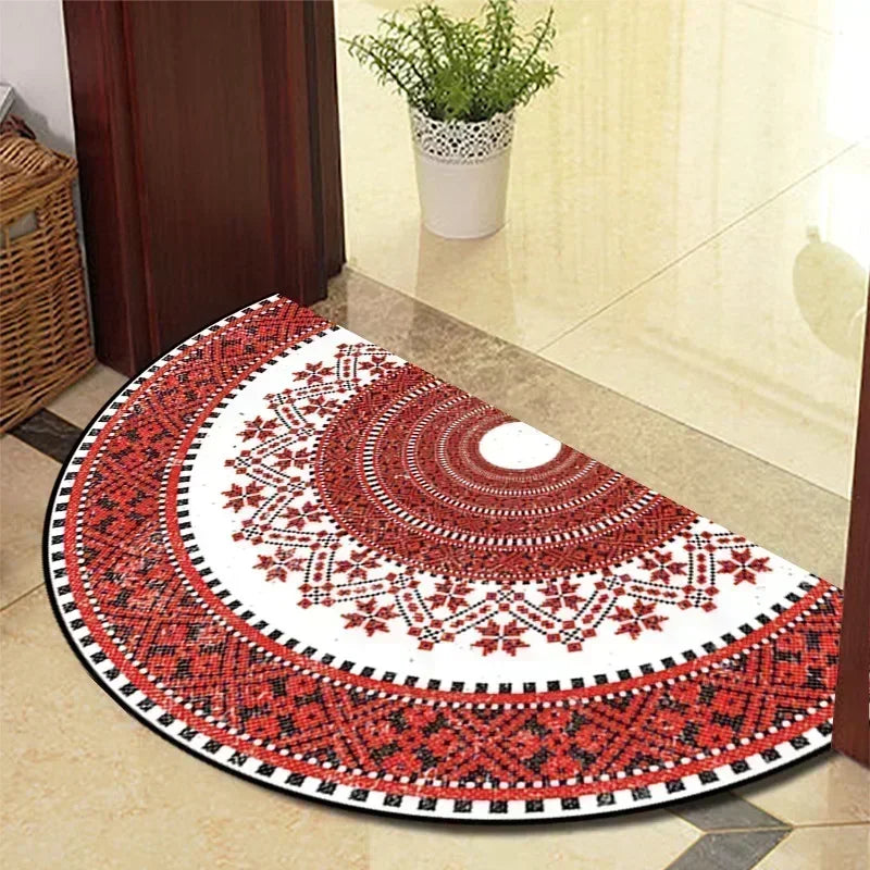 European Retro Half-Moon Doormat - Semi-Circular Entrance Rug for Living Room