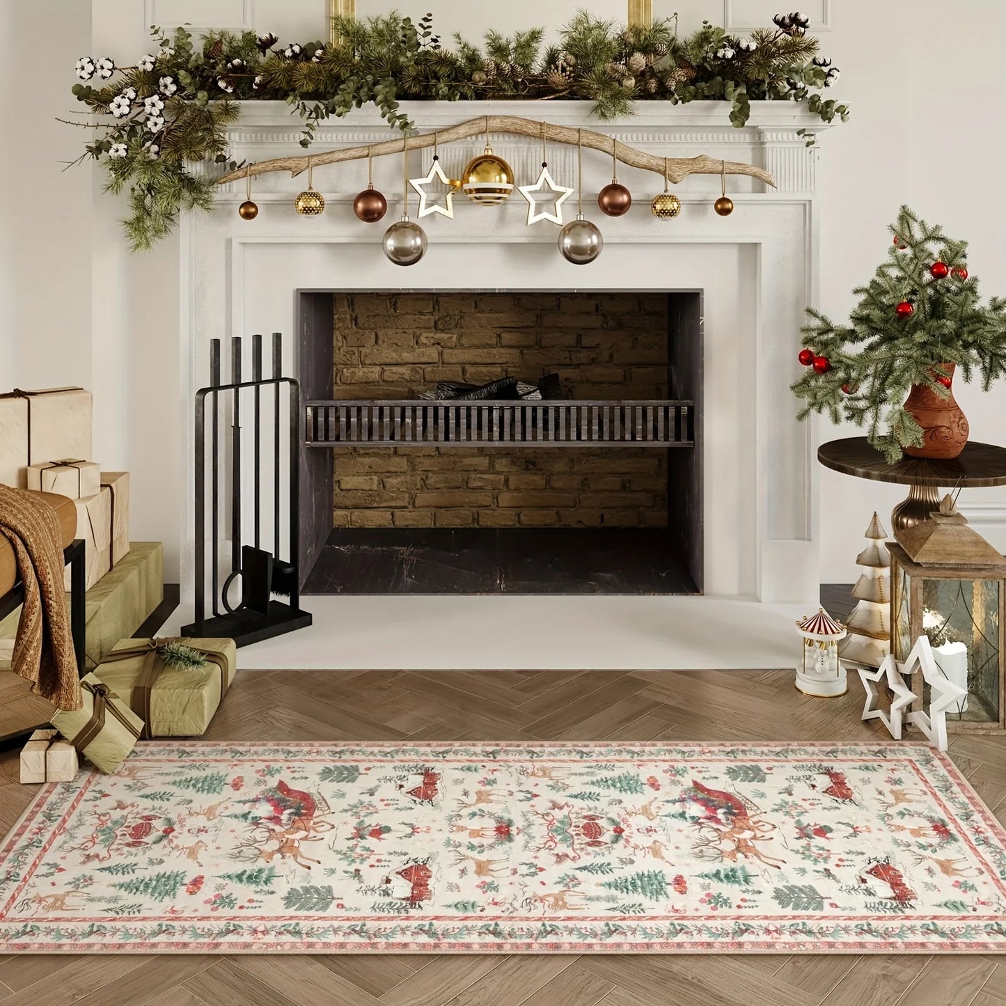 Christmas Red Runner Mat - Festive Hallway & Kitchen Rug, Machine Washable