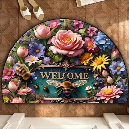 Boho Floral Half-Moon Doormat - Non-Slip & Washable for Indoor/Outdoor Entry