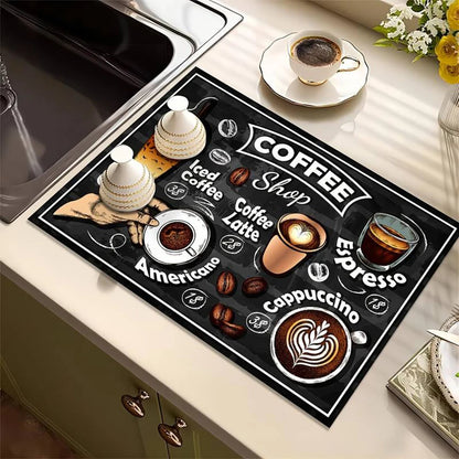 Coffee Machine Mat, Absorbent Counter Protector, Printed Utensil Drying Mat, Kitchen Desktop Drainage Pad, Sink Tray Liner