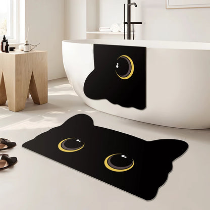 Cat Shaped Bath Mat, Diatomaceous Earth Quick Dry Mat, Funny Cat Lovers Gift, Absorbent Non-Slip Bathroom Rug, Black Cat Decor