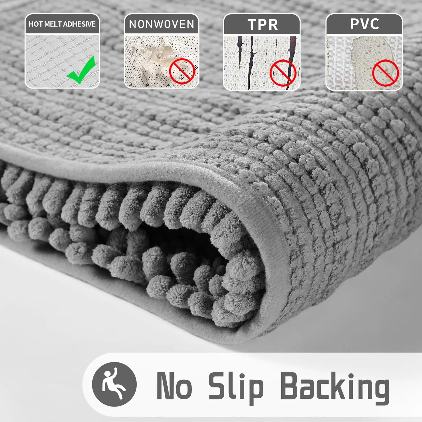 Gray Chenille Bath Mat - Super Soft & Absorbent Plush Rug for Bathroom and Kitchen