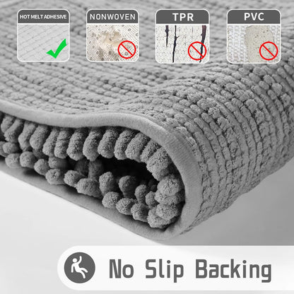 Gray Chenille Bath Mat - Super Soft & Absorbent Plush Rug for Bathroom and Kitchen