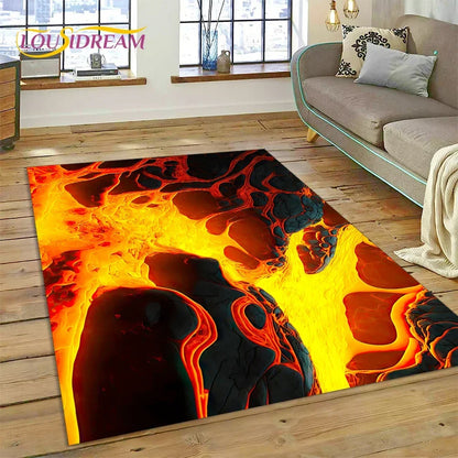 3D Volcano Rug for Kids Room - Lava Magma Themed Play Mat, Non-Slip Large Area Carpet