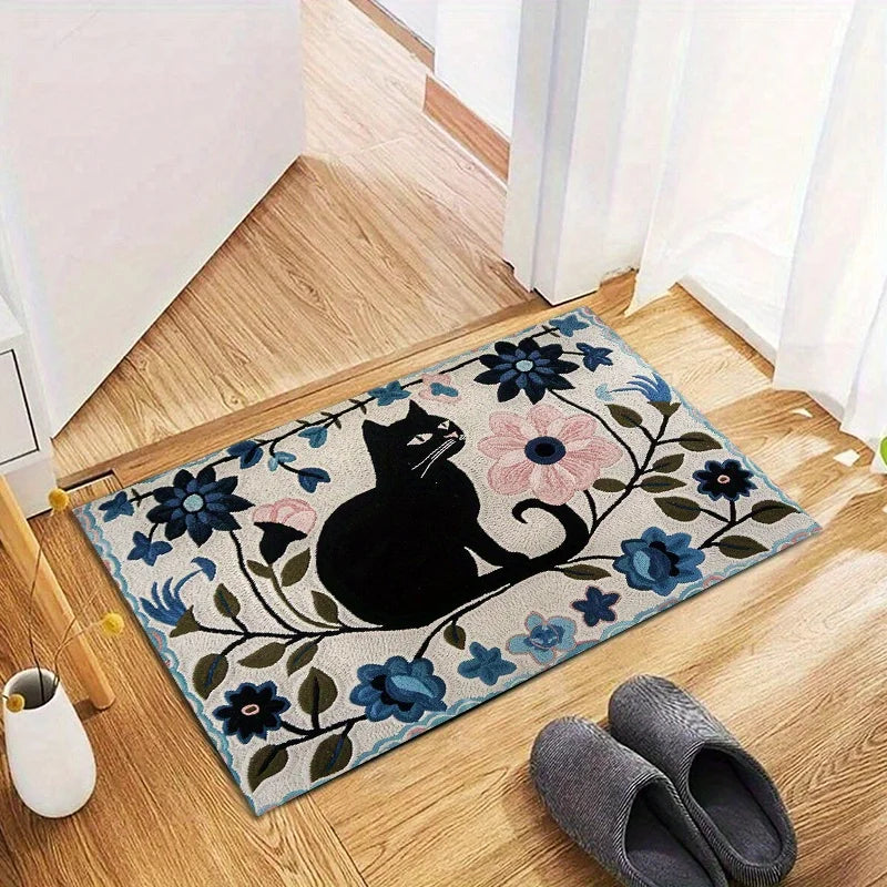 Black Cat Floral Floor Mat - Cute Pet Themed Rug for Bedroom & Children's Room