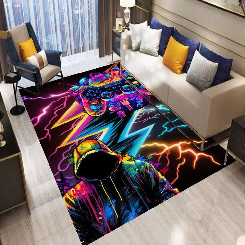 3D Abstract Gamepad Rug, Modern Video Game Carpet for Living Room, Non-Slip Kids Play Mat, Unique Controller Shaped Floor Decor