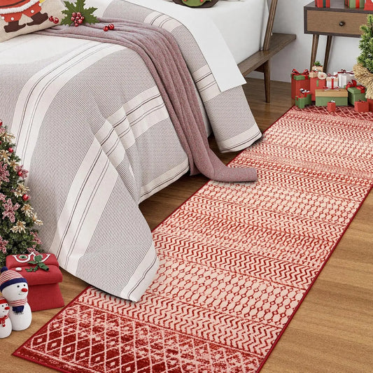 Christmas Red Geometric Rug - American Minimalist, Easy-Clean Entryway Carpet