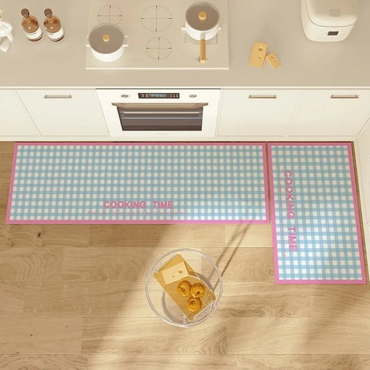 Korean Cream Plaid Diatomite Kitchen Mat - Pastel Absorbent & Dirt-Resistant Floor Pad
