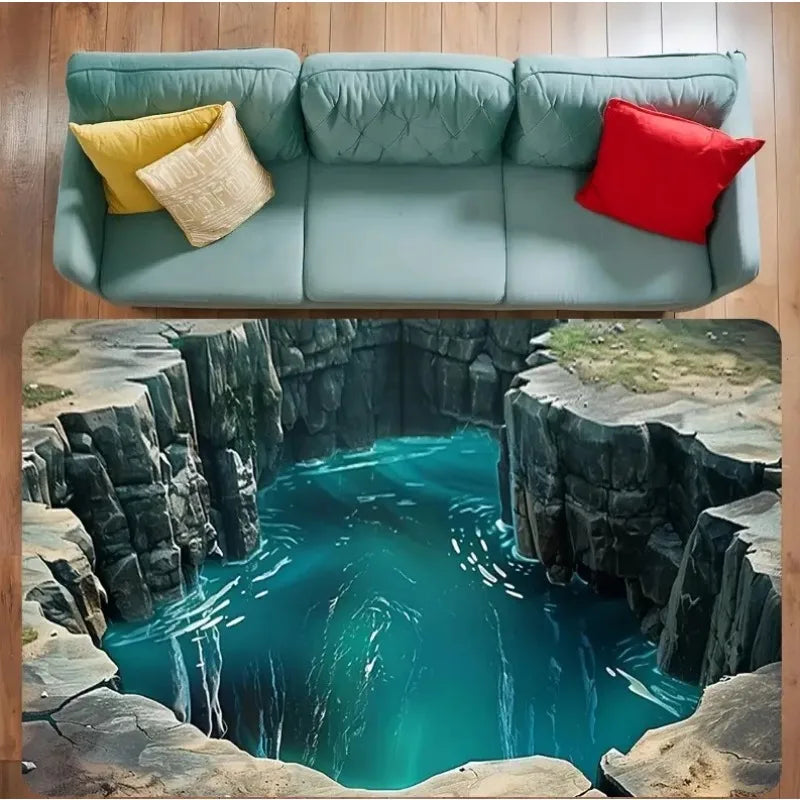 3D Illusion Area Rug - Large Huge Living Room Carpet with Cracked Floor & Tunnel Design