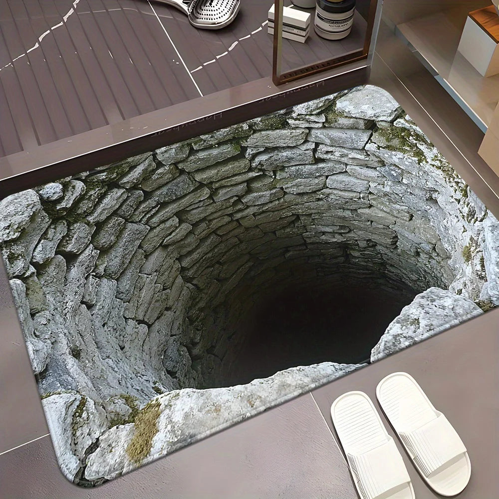 3D Stone Well Bath Mat - Visual Illusion, Absorbent & Non-Slip Bathroom Rug