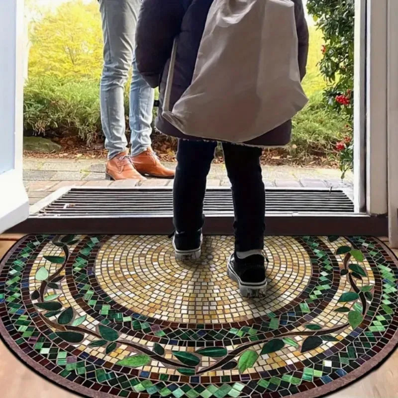Mosaic Half-Round Rug - Golden Spiral & Leaf Border, Non-Slip Art Deco Mat